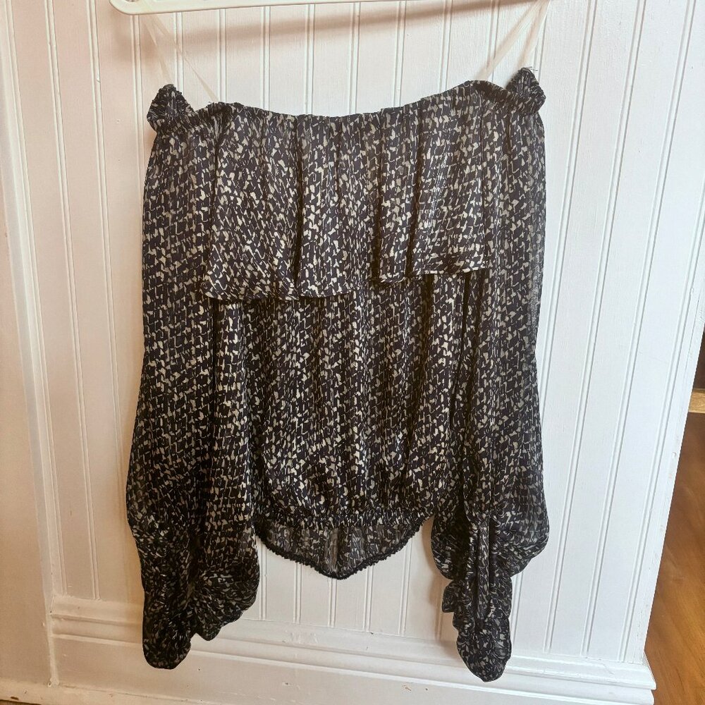 Off Shoulder Blouse. Size L. Navy Blue with subtle Gold pattern.